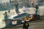 Austin Dillon celebrates his win on the front stretch