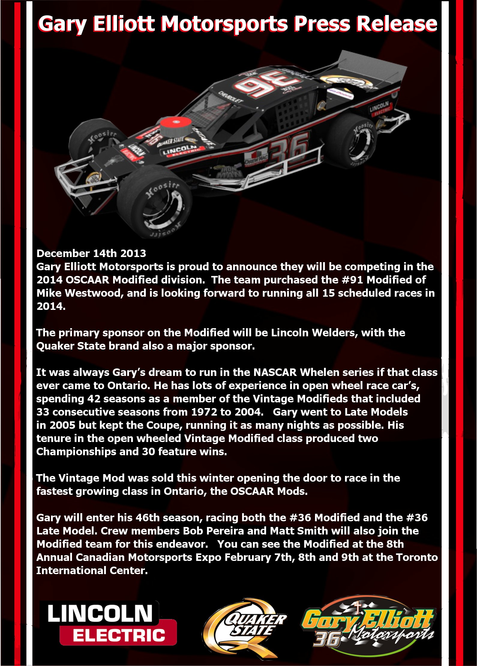 Gary Elliott Motorsports Pre-Season Press Release – Modified