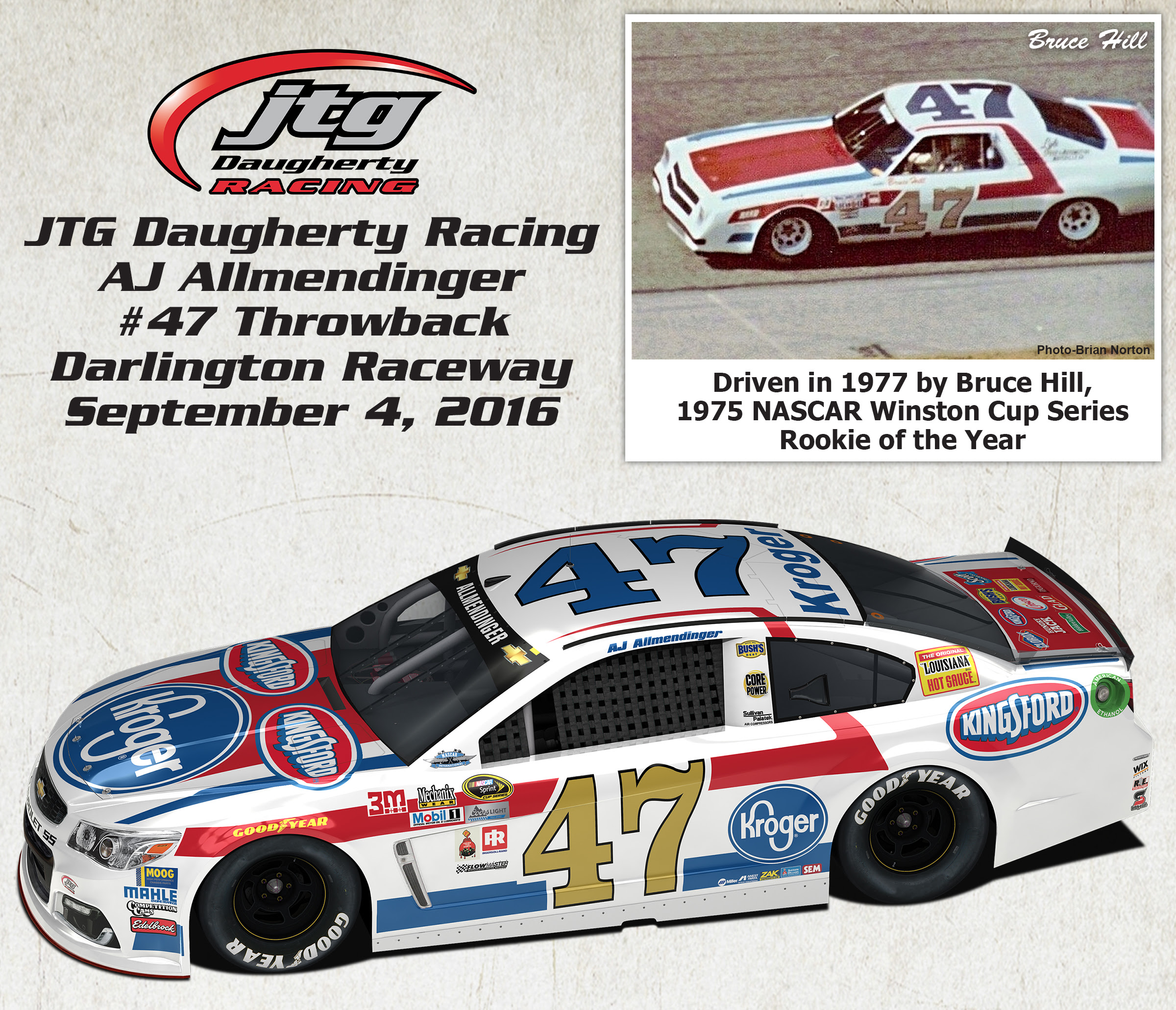 JTG Daugherty Racing selects Bruce Hill’s 1970s Paint Scheme for Allmendinger’s No. 47 Kroger/Kingsford Chevrolet SS Darlington Raceway Throwback