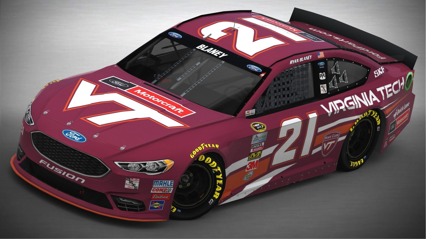 The Sprint Cup Series car driven by Ryan Blaney will feature Virginia Tech colors in upcoming races at Bristol and Martinsville