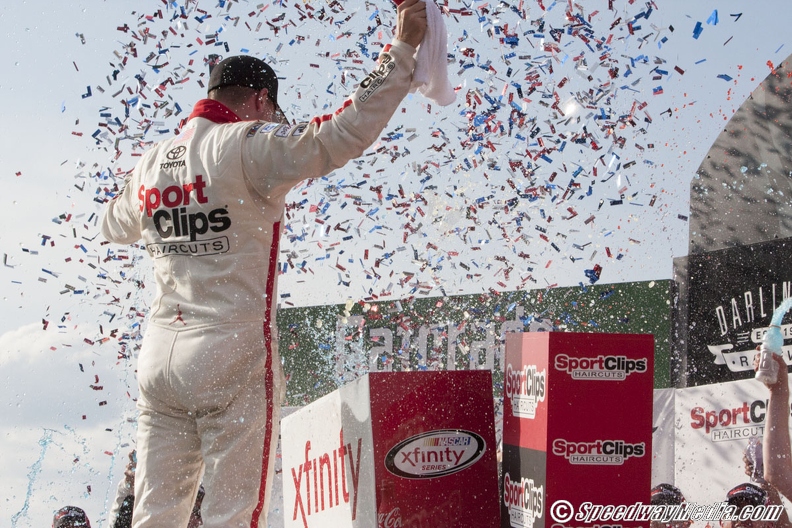 Denny Hamlin Takes Lead on Final Restart to Win XFINITY Race at Darlington