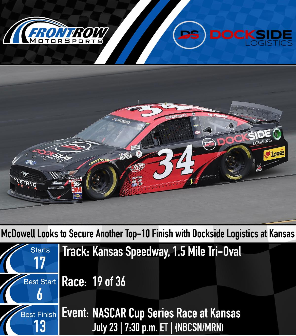 McDowell Looks to Secure Another Top-10 Finish with Dockside Logistics at Kansas