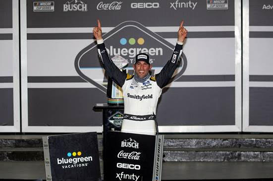 Floridian Aric Almirola wins the Bluegreen Vacations Duel 1 at Daytona