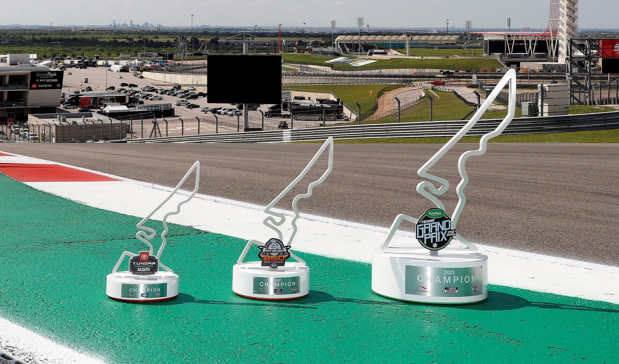INAUGURAL NASCAR AT COTA RACE TROPHIES CREATED BY JOSTENS FEATURE REPLICA OF SIGNATURE CIRCUIT OF THE AMERICAS LAYOUT