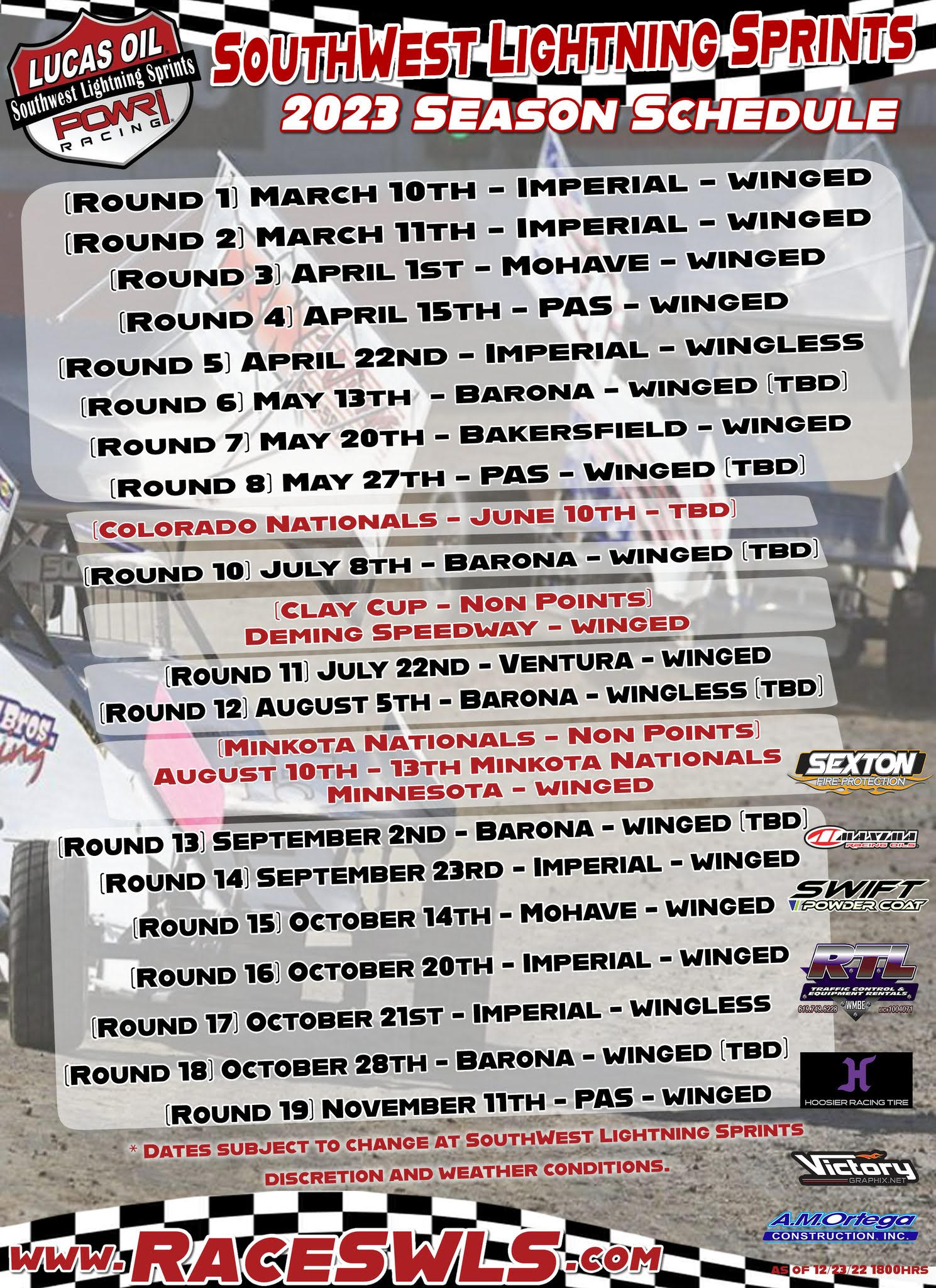 LUCAS OIL POWRi SOUTHWEST LIGHTNING SPRINT CAR SERIES 2023 SCHEDULE