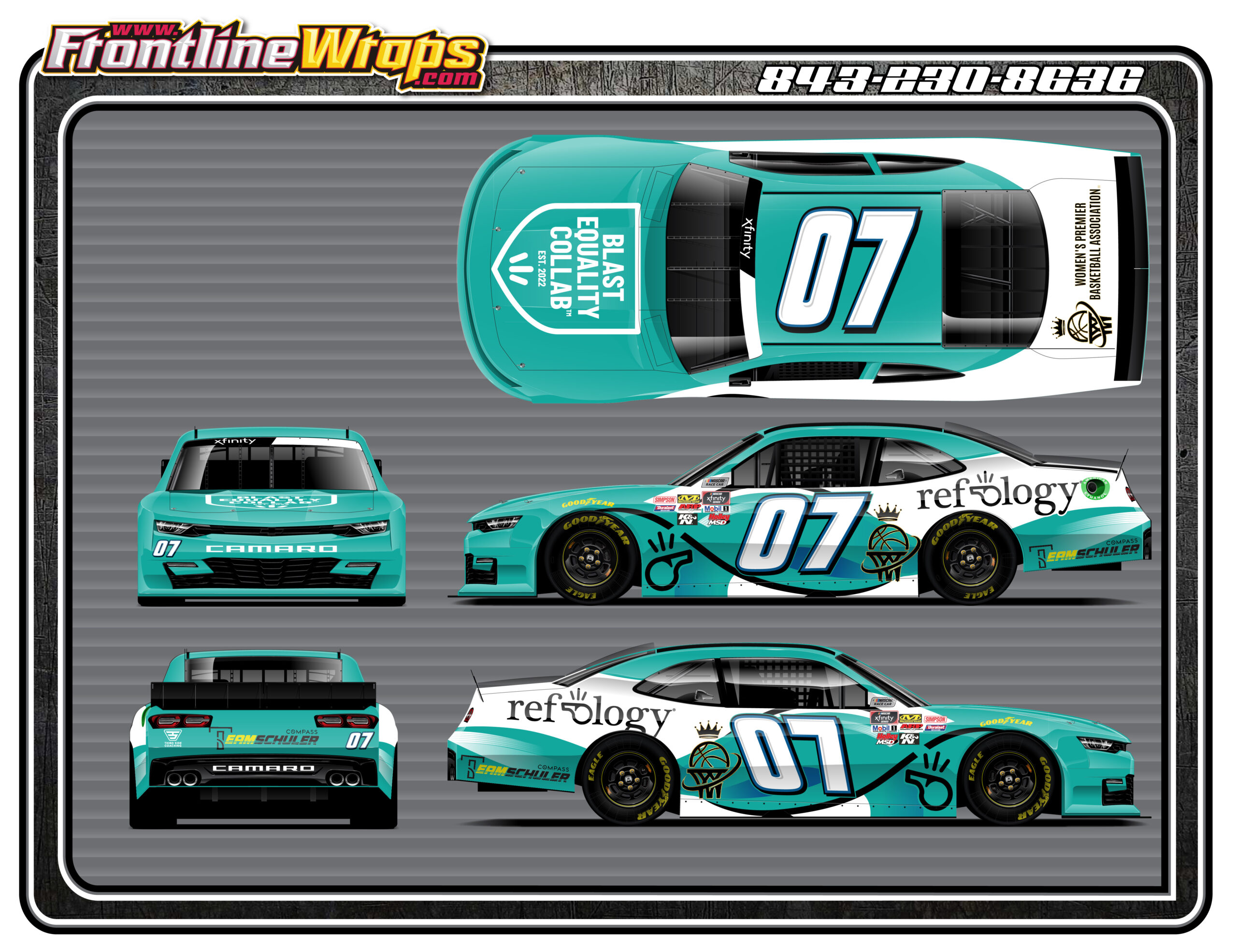 Daniel Suarez, SS GreenLight Racing Partner with Blast Equality Collab, ref-ology, Team Schuler –Compass Real Estate & Women’s Premier Basketball Association for Sonoma