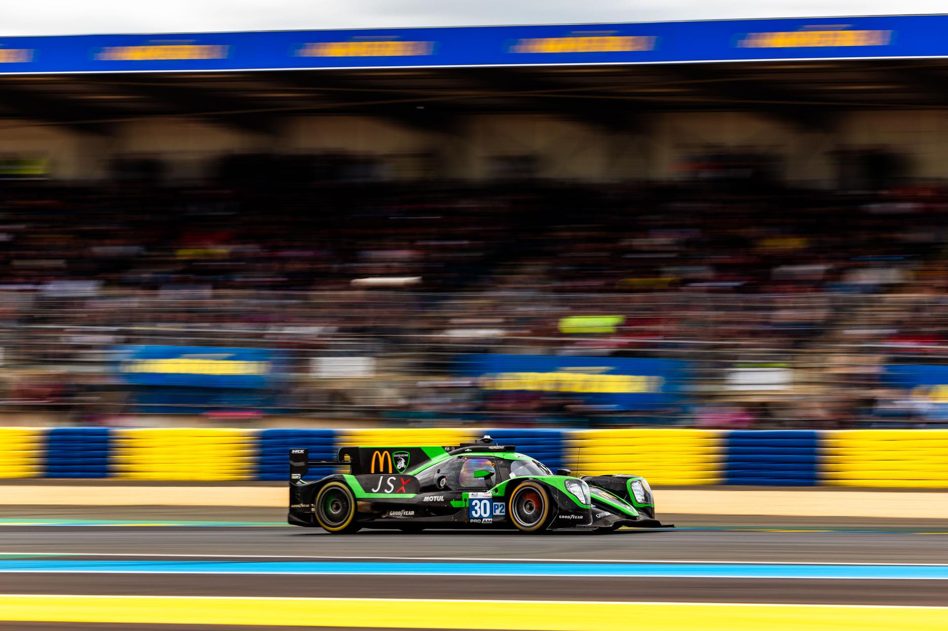 THE DUQUEINE TEAM FORCED TO WITHDRAW DUE TO ENGINE FAILURE. CAR NUMBER 30 LEAVES THE LE MANS TRACK IN THIRD POSITION PRO/AM CLASS AT THE EIGHTH HOUR