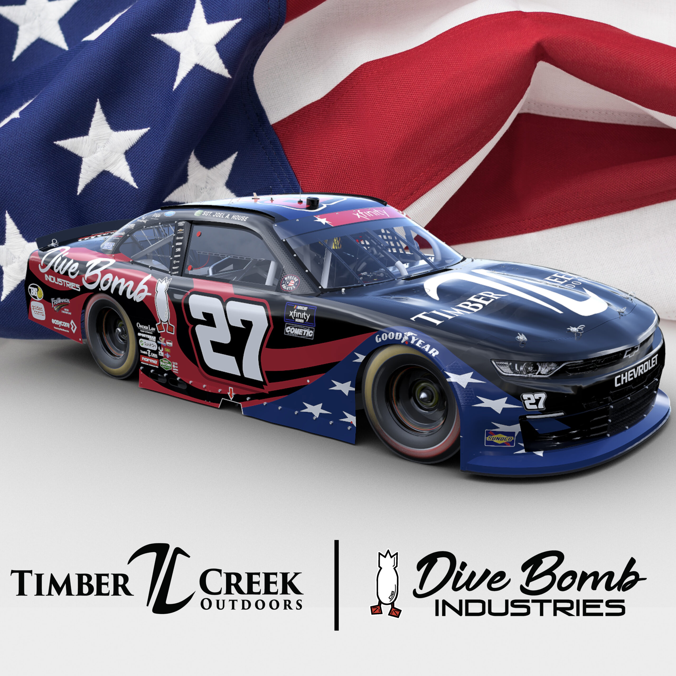 Jeb Burton teams up with partners at Timber Creek Outdoors and Dive Bomb Industries to Honor Sgt. Joel House on Memorial Day Weekend