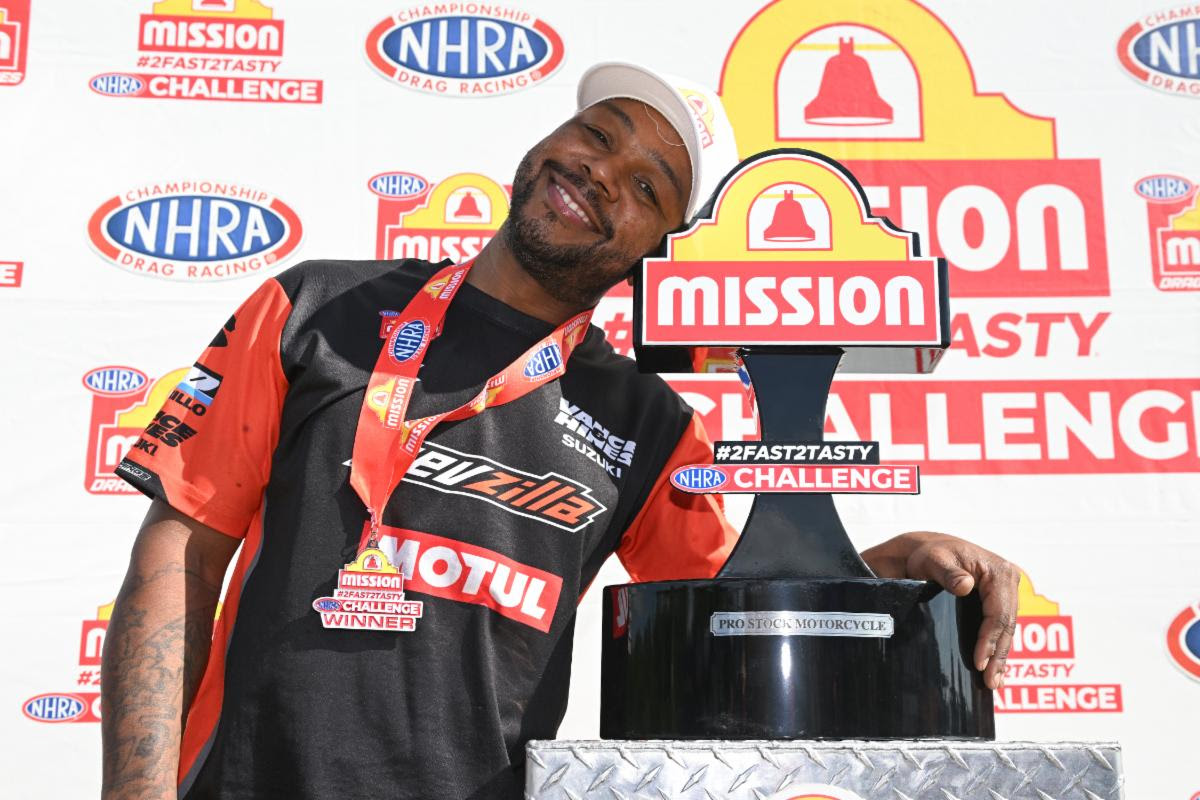 RICHARD GADSON AFTER FIRST PRO STOCK MOTORCYCLE WIN AT GERBER COLLISION & GLASS ROUTE 66 NHRA NATIONALS