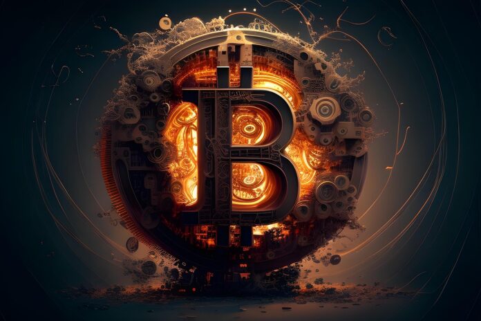 Bitcoin coin graphic with glowing ember light inside