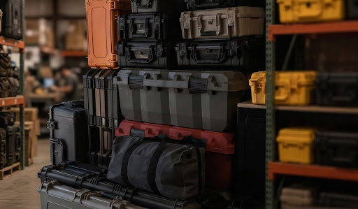 3 Practical Gear Secrets to Upgrade Your Team’s Racing Safety Stacked hard shell equipment cases on shelves in a warehouse