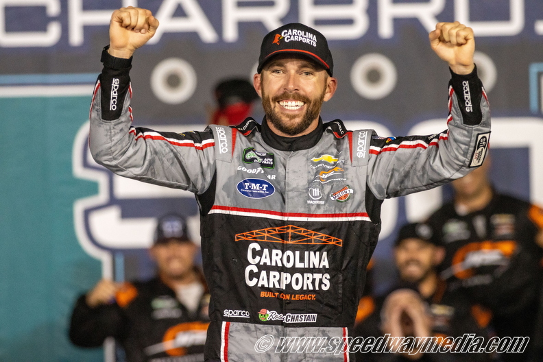 Ross Chastain wins a bizarre, weather-shortened O’Reilly event at Charlotte. Ross Chastain wins a bizarre, weather-shortened O’Reilly event at Charlotte.