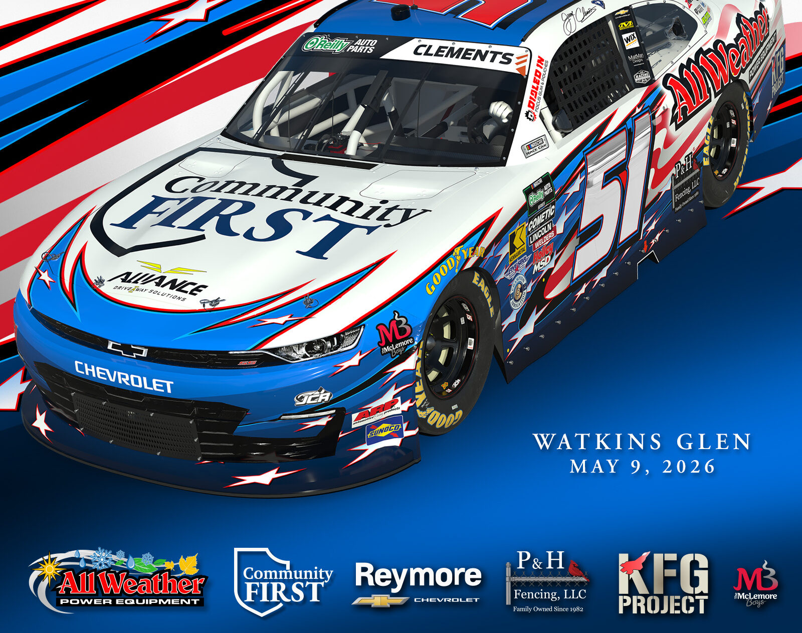 All Weather Power Equipment Takes the Lead at The Glen, Highlighting Community First on the #51 Chevrolet for Jeremy Clements Racing All Weather Power Equipment Takes the Lead at The Glen, Highlighting Community First on the #51 Chevrolet for Jeremy Clements Racing