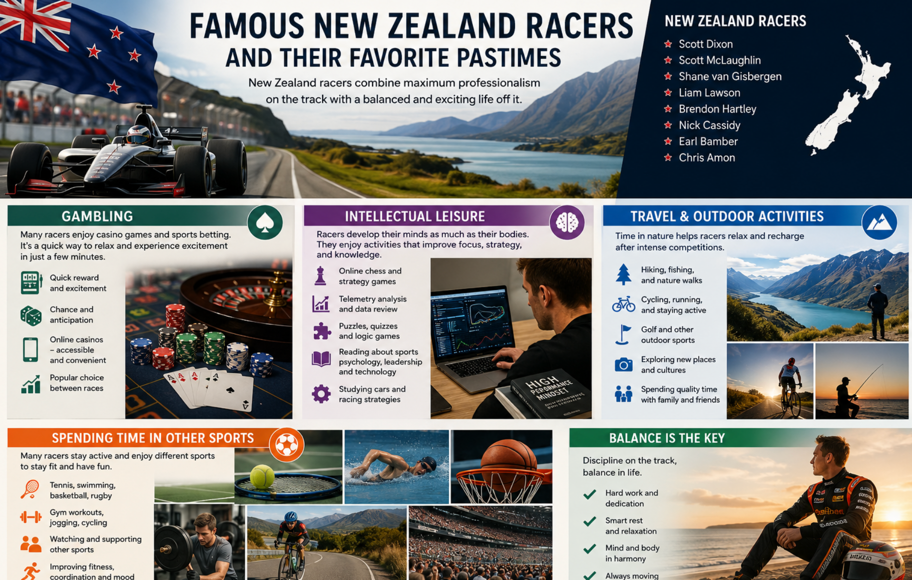 Famous New Zealand racers and their favorite pastimes Famous New Zealand racers and their favorite pastimes