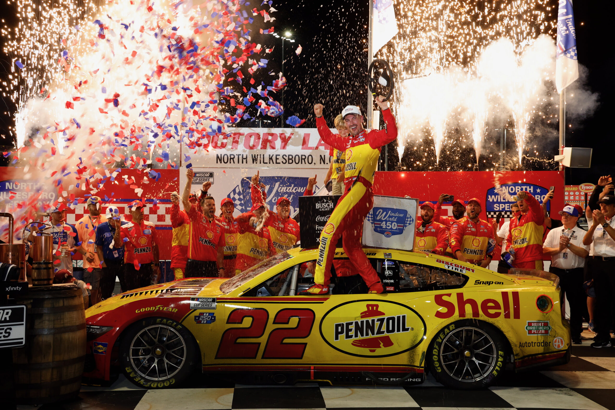 Logano Snaps 45-Race Dry Spell, Captures Window World 450 Victory At North Wilkesboro Logano Snaps 45-Race Dry Spell, Captures Window World 450 Victory At North Wilkesboro