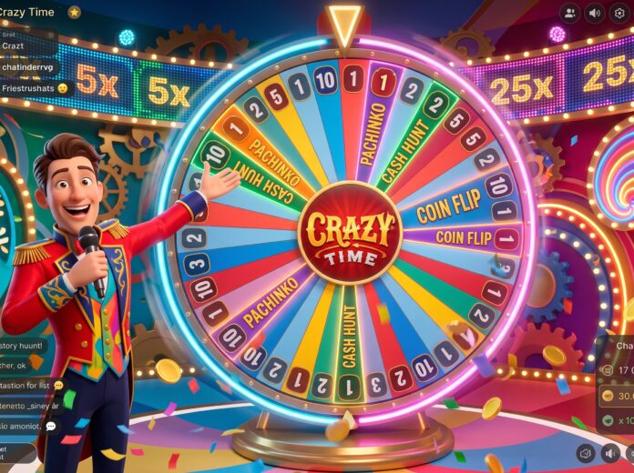 Crazy-time-live-casino-game-2026 A presenter showing a crazy time spinning wheel in the live casino studio.