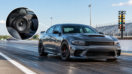 High-performance car with upgraded car audio speakers on a race track