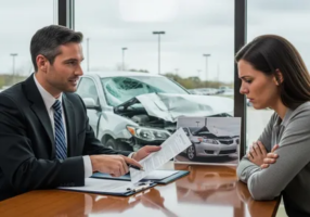 Car accident lawyer answering a client's questions.