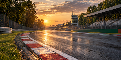 Six racing circuits every fan should experience live Empty Monza racing circuit at sunset with grandstands and a wet track