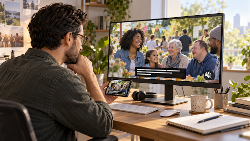 A video creator checks a community-event video on a desktop monitor and smartphone, with a mute icon and caption-style bars visible.