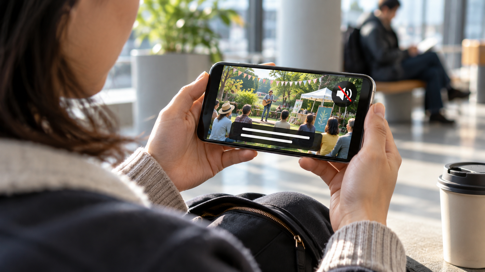 A person watches a community-event video on a muted smartphone with caption-style bars displayed across the screen.