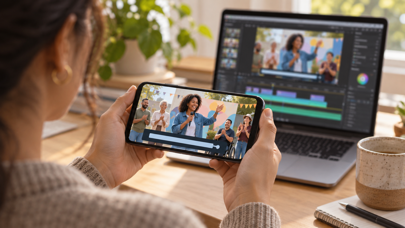 A video editor checks how a community-event video appears on a smartphone while the editing timeline is open on a laptop.
